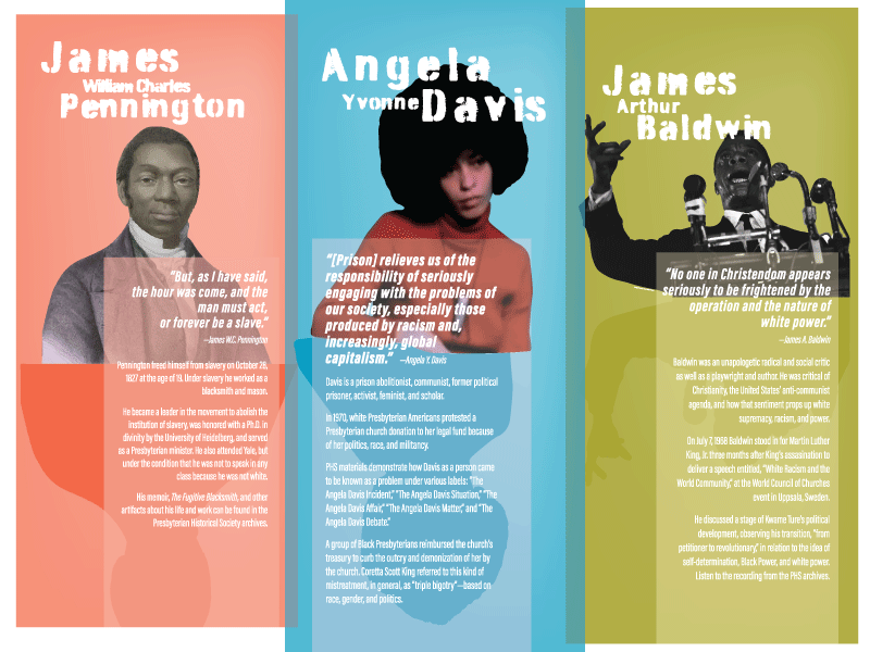 Sample of physical exhibit panels of James Pennington, Angela Davis, and James Baldwin
