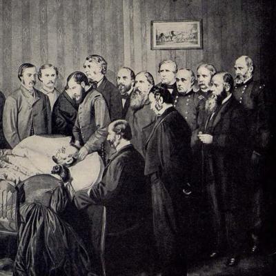 Group surrounding Abraham Lincoln on his deathbed